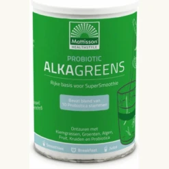 Probiotic AlkaGreens poeder is samengesteld uit o.a. Kiemgrassen die Chlorofyl bevatten, Vezelrijk Groenten- en Fruit en Pre- en Probioticum.