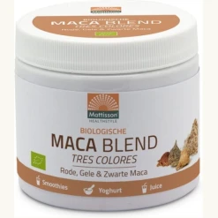 Maca Blend Red-Yellow-Black Maca is een biologisch product, Geen suiker of zoetstof toegevoegd,