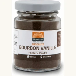 Bourbon Vanille Poeder uit Madagaskar. Heerlijk om gebak, smoothie of nagerecht mee te verrijken. Een vanille stokje vervangen door 2,5 g poeder.