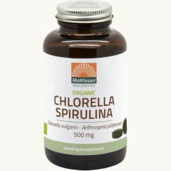 Organic Chlorella Spirulina 500 mg. Spirulina en Chlorella gecombineerd.Antioxidant. Bevat vitaminen, mineralen, eiwitten, vezels, carotenoïden, chlorofyl. Vitaliteit en energie