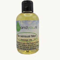 Be Sensual Men Massageolie. Sandelwood, Ceder atlas, Kardamon, Basilicum Jasmijn, Jojoba en Amandel olie.