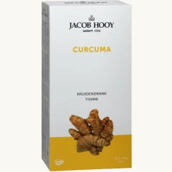 Jacob Hooy Kruidenthee Curcuma Een thee op bais van Curcuma (kurkuma). Handig om mee te nemen of als losse thee(kruiden) niet uw ding is. 20 zakjes van 1.8 gram per verpakking, voldoende voor een lekkere mok thee.