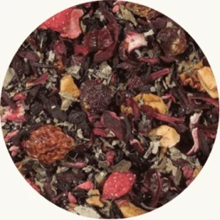 Aardbeien Framboos Thee BIO Aardbeien framboos thee is een 100% biologische thee. Het is een kleurrijke selectie van heerlijk fruit en bessen. Verpakt per 100 gram