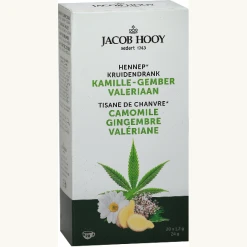 Jacob Hooy Kruidenthee Hennep kamille gember valeriaan Een thee op basis van hennep, kamille en valeriaan. Een heerlijke rustgevende thee Handig om mee te nemen of als losse thee (kruiden) niet uw ding is.