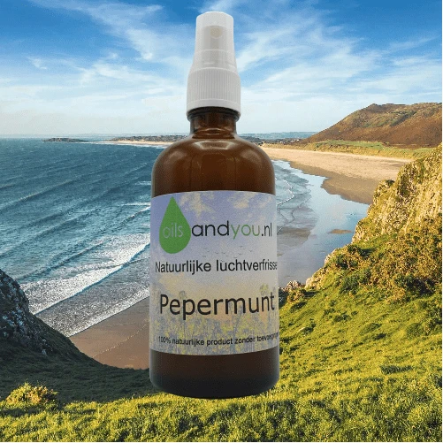 Natuurlijke luchtverfrisser Pepermunt Geeft een frisse geur 100% natuurlijke ingrediënten Verstuiver - geen drijfgassen Positief effect op welzijn Oils and You super kwaliteit Meerdere geuren beschikbaar Verpakt per 100 ml