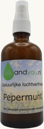 Natuurlijke luchtverfrisser Pepermunt Geeft een frisse geur 100% natuurlijke ingrediënten Verstuiver - geen drijfgassen Positief effect op welzijn Oils and You super kwaliteit Meerdere geuren beschikbaar Verpakt per 100 ml