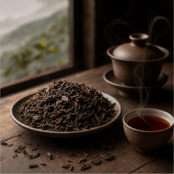 Pu-erh thee Yunnan, losse donkere thee naast een kop donkerroodbruine thee, rustige sfeer