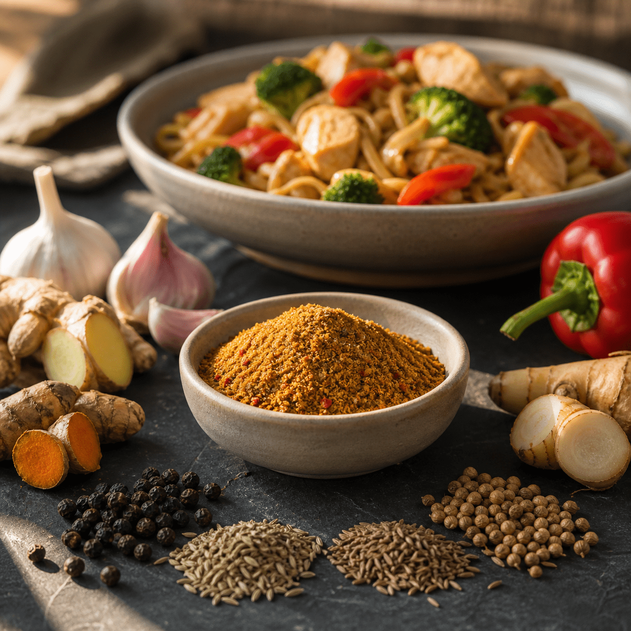 Bami kruiden gemalen 2 Bami kruiden gemalen in een schaaltje met specerijen, met onscherpe kom bami op de achtergrond in warme, rustige keukensfeer.